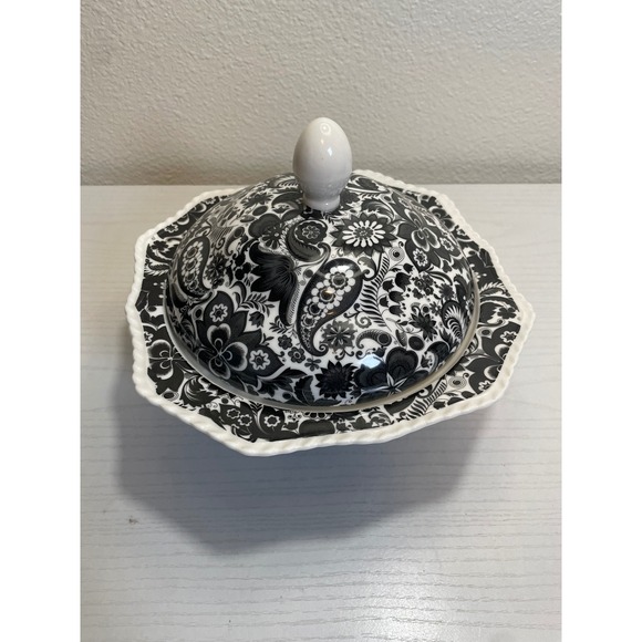 Vintage Black White Floral Black Calico Covered Dish Bowl Trinket Dish - Picture 7 of 8